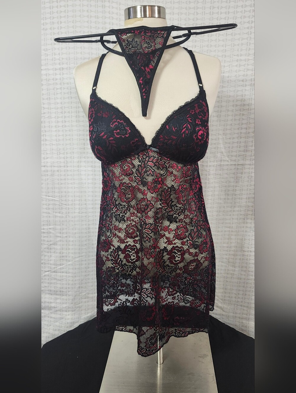 Black Lace Chemise with Pink Floral Overlay and Strappy Thong